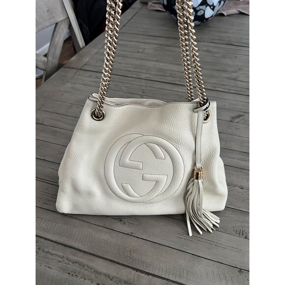 GUCCI Pebbled Calfskin Medium Soho Chain Shoulder Bag Off White Ivory - Picture 12 of 16